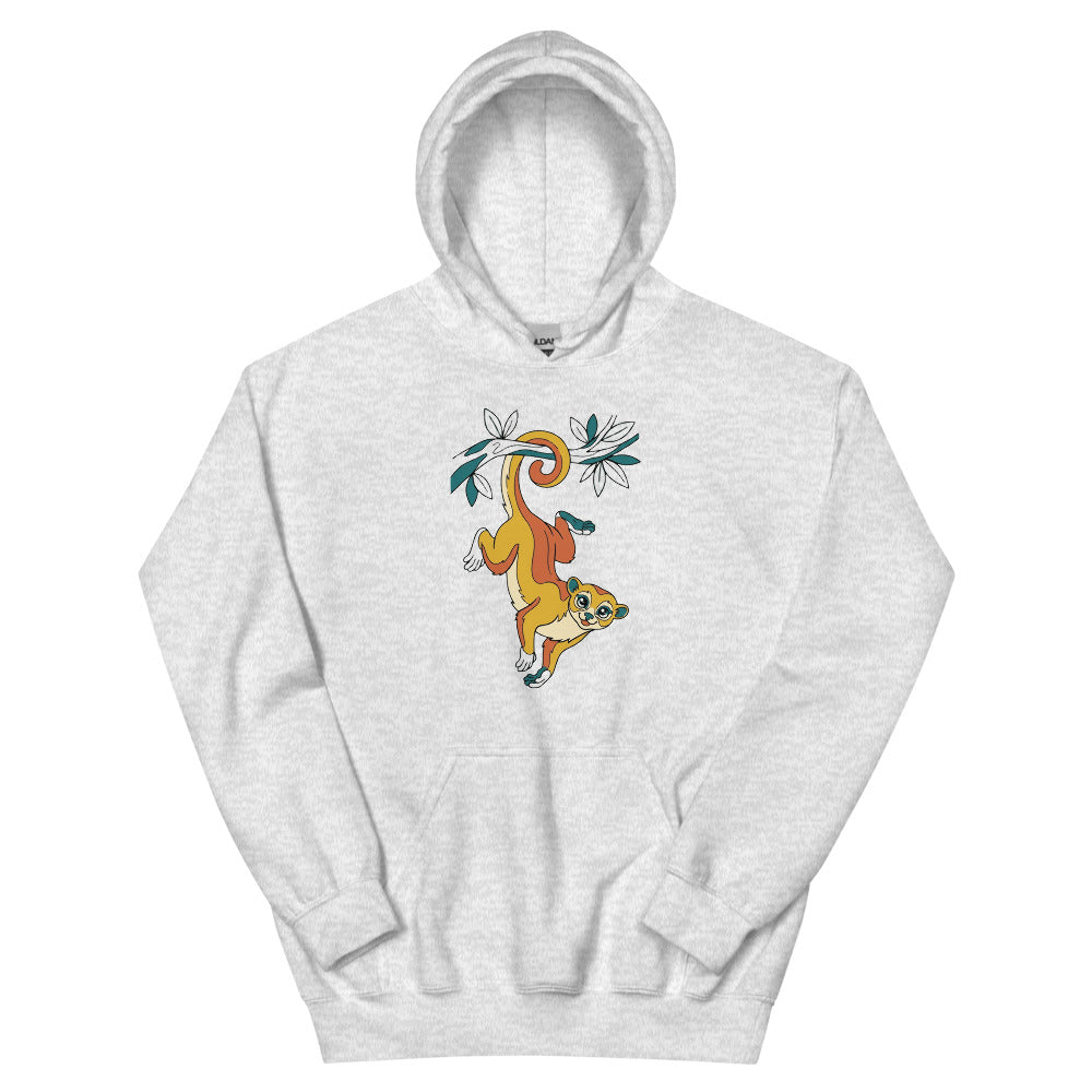 Sweat kinkajou unisexe – illustration line art espiègle en palette moutarde, terracotta et vert forêt, imprimée DTG haute définition sur molleton coton