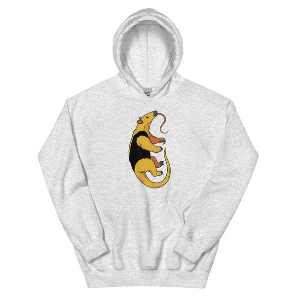 Sweat-shirt tamanoir original avec illustration tamandua graphique — pose dynamique, palette mustard terracotta bleu pétrole, impression DTG haute définition sur molleton