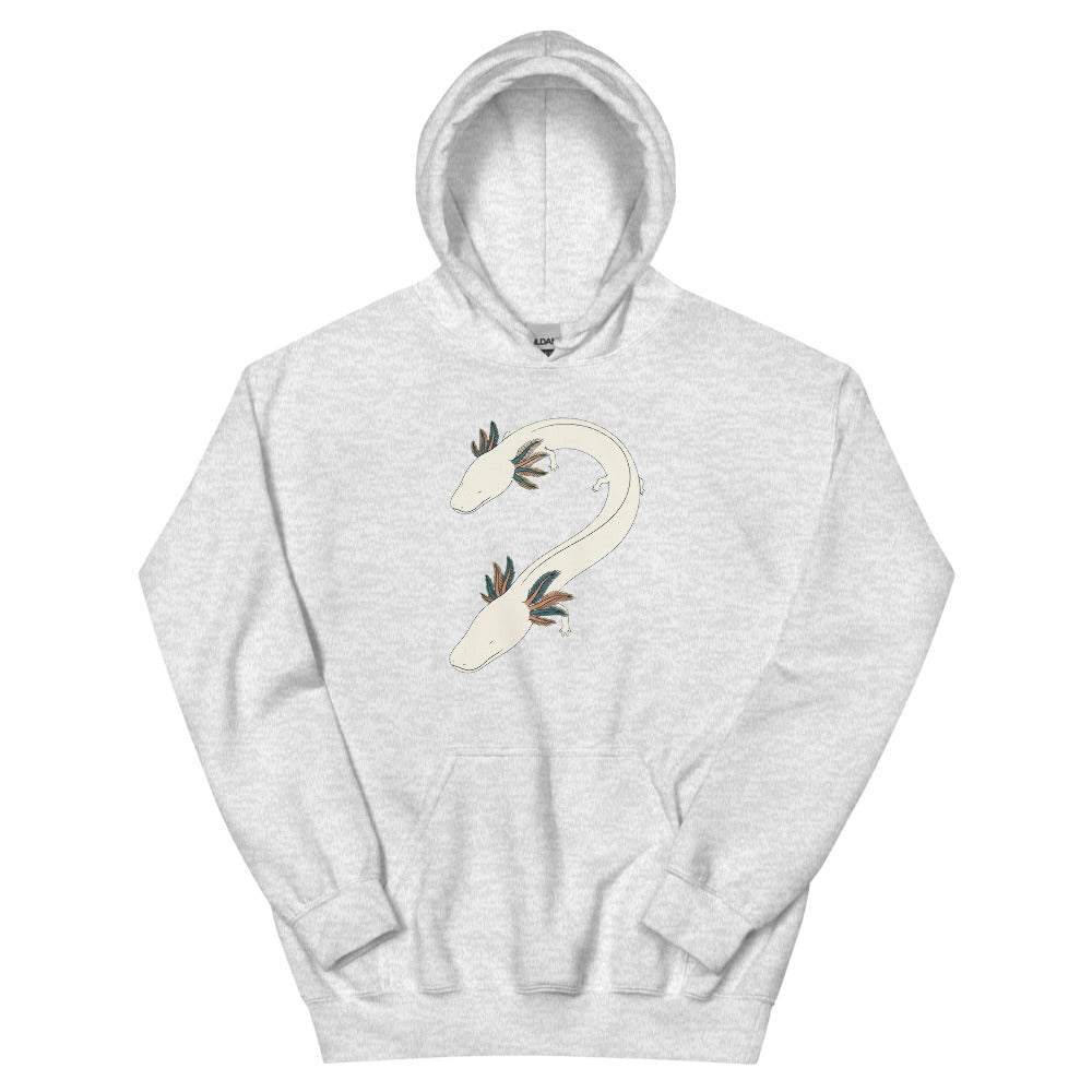 Sweat shirt animal cavernicole avec illustration line art d'un olm en courbe S, branchies en éventail, tons crème et bleu pétrole sur fond détouré
