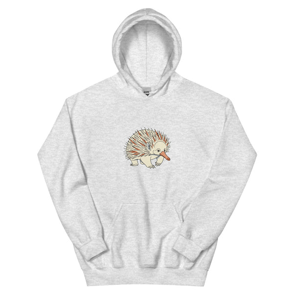 Sweat-shirt échidné australien face, illustration line art piquants géométriques museau allongé, palette monochrome crème et terracotta, impression DTG haute définition sur molleton coton