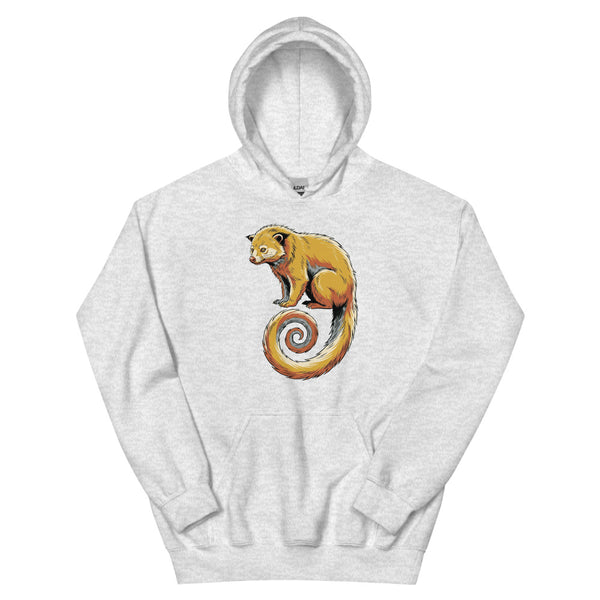 Sweat-shirt binturong line art de face, illustration encre texturée palette moutarde terracotta et vert forêt, impression DTG haute définition sur molleton coton