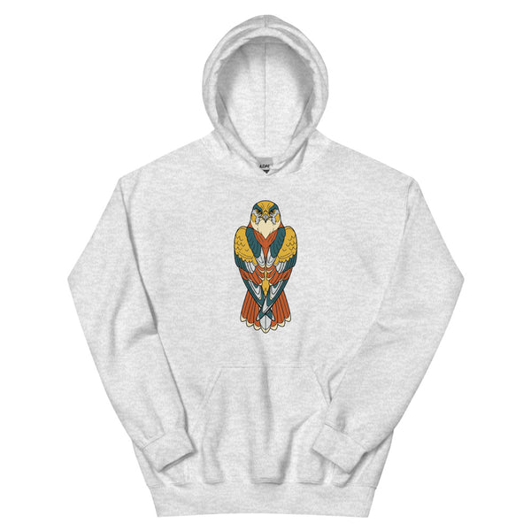 Sweat-shirt faucon pèlerin porté de face — illustration line-art géométrique en palette moutarde, terracotta et bleu pétrole, impression DTG haute définition sur molleton coton