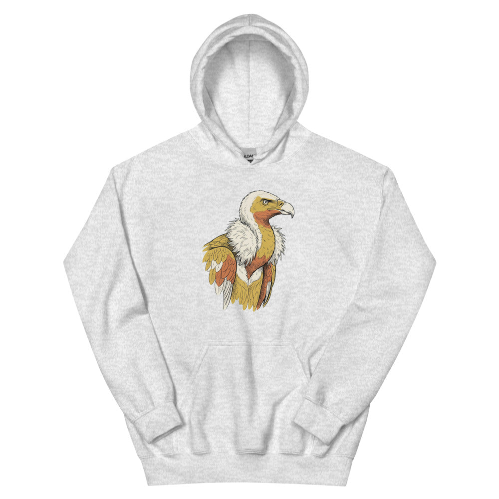 Sweat-shirt vautour homme – illustration line art vautour fauve de profil, palette moutarde terracotta et crème, impression DTG haute définition sur molleton coton