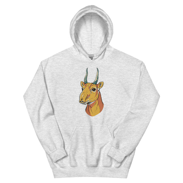 Sweat antilope dessin minimaliste – portrait line-art d'un saïga de trois-quarts aux aplats moutarde, terracotta et bleu pétrole, imprimé en DTG haute définition sur molleton coton
