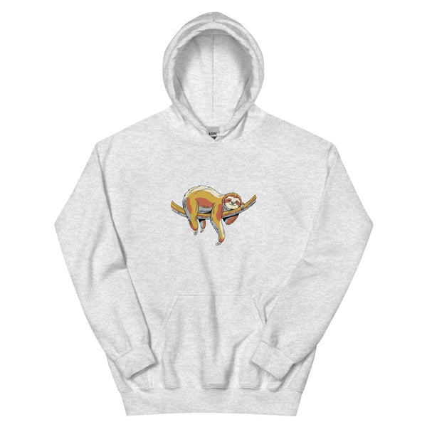 Sweat-shirt paresseux femme – illustration line art d'un paresseux accroché à une branche, aplats moutarde terracotta et vert forêt, impression DTG haute définition sur molleton mélange coton
