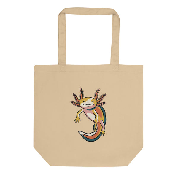 Tote bag axolotl sur fond blanc – illustration line-art encre noire, aplats rose pâle, moutarde, terracotta et bleu pétrole, 38×42 cm toile de coton