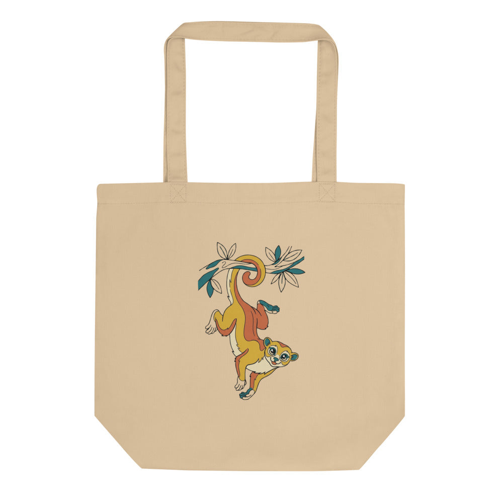 Tote bag kinkajou suspendu à une branche, illustration line art palette moutarde terracotta sur toile de coton 38x42 cm