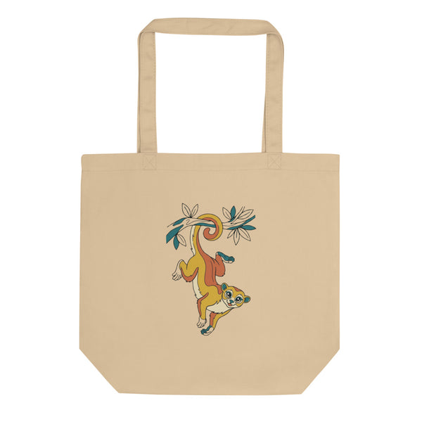 Tote bag kinkajou suspendu à une branche, illustration line art palette moutarde terracotta sur toile de coton 38x42 cm