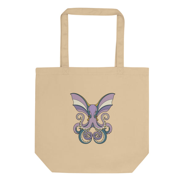 Tote bag poulpe dumbo en coton – illustration line-art face, palette violet doux et bleu pétrole sur fond crème, contours encre noire