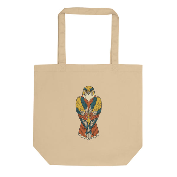 Tote bag faucon pèlerin face, illustration line-art géométrique tons moutarde terracotta et bleu pétrole sur toile de coton