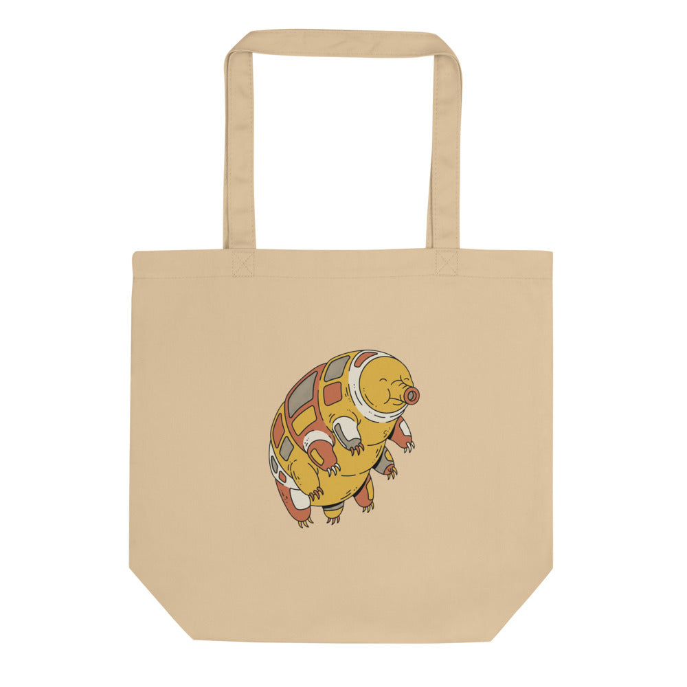 Tote bag tardigrade en toile de coton, illustration line-art ourson d'eau aux tons mustard et terracotta, vue de face sur fond blanc