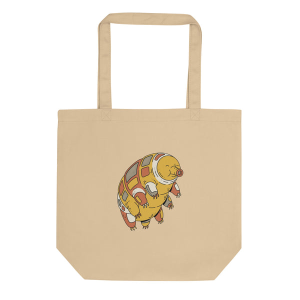 Tote bag tardigrade en toile de coton, illustration line-art ourson d'eau aux tons mustard et terracotta, vue de face sur fond blanc