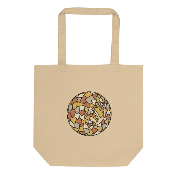 Tote bag pangolin en toile de coton, illustration line-art géométrique palette moutarde terracotta vert forêt, vue de face sur fond blanc