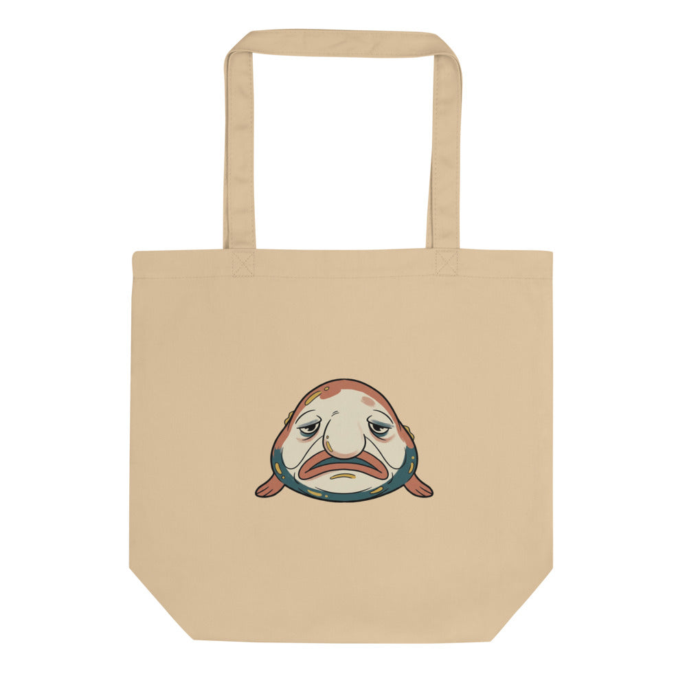 Tote bag blobfish face — illustration line-art ugly-cute en terracotta et bleu pétrole sur toile de coton 38×42 cm