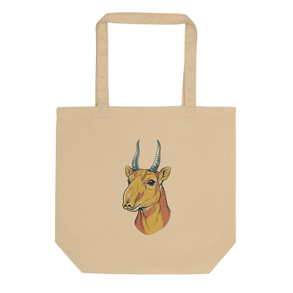 Tote bag antilope saïga – portrait line-art coloré en moutarde, terracotta et bleu pétrole sur toile de coton 38×42 cm, vue de face