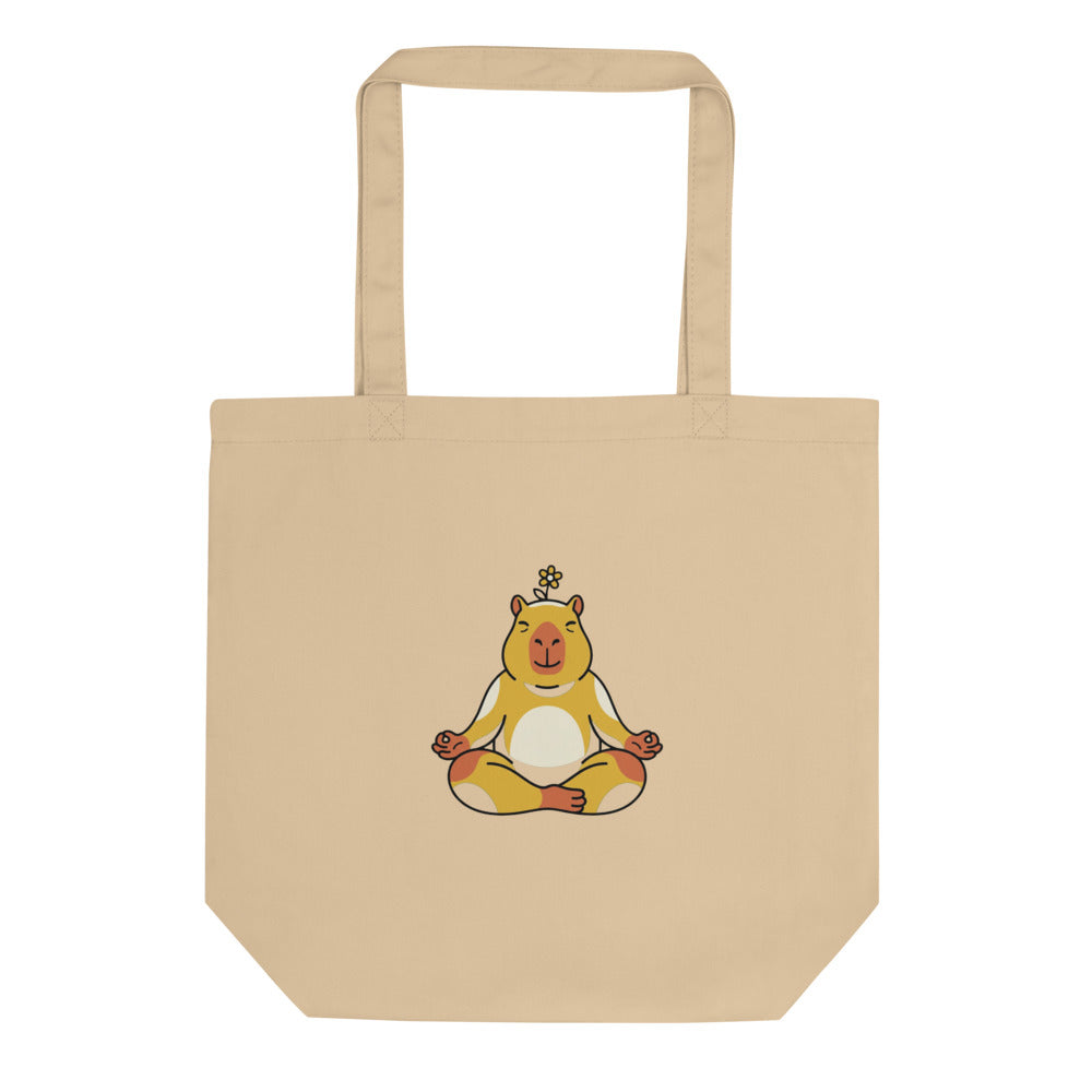 Tote bag capybara en toile de coton avec illustration line-art zen, palette moutarde et terracotta, vue de face