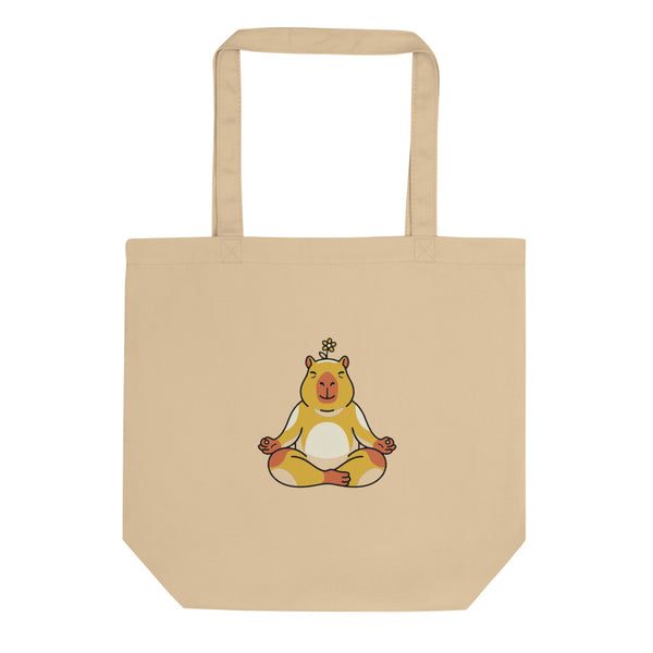 Tote bag capybara en toile de coton avec illustration line-art zen, palette moutarde et terracotta, vue de face
