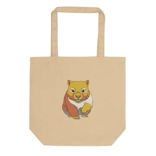 Tote bag wombat en coton, illustration line-art face, aplats moutarde et terre cuite sur fond blanc