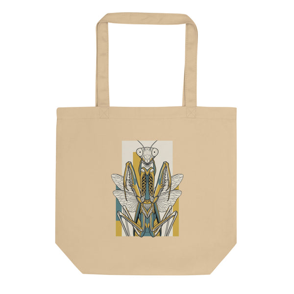 Tote bag mante religieuse – illustration line-art symétrique, contours encre noire et accents moutarde sur fond crème, vue de face à plat