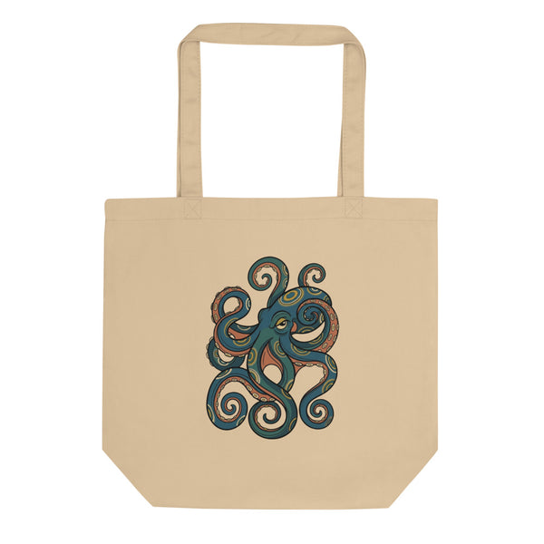 Tote bag céphalopode design – illustration line-art d'un poulpe à anneaux bleus irisés moutarde et crème sur fond bleu pétrole, impression DTG haute définition, 38×42 cm