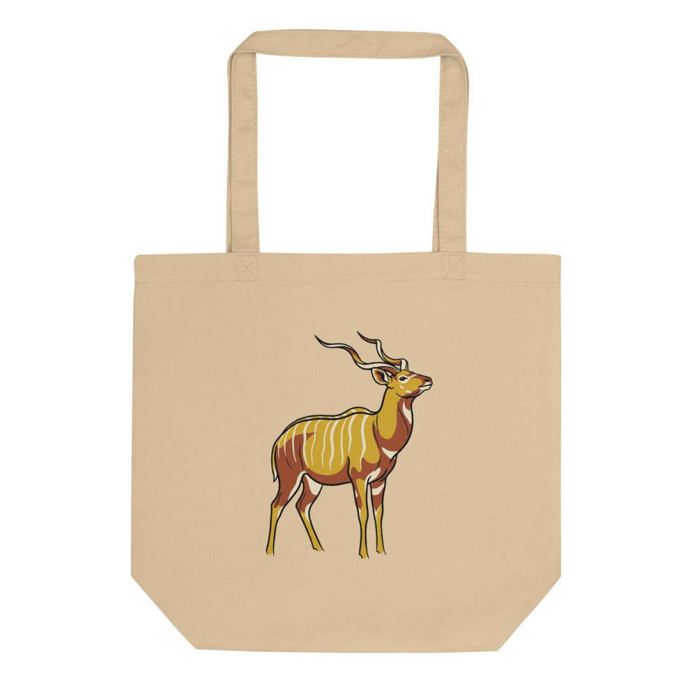Tote bag nyala africain face avant – illustration line-art cornes spiralées, palette moutarde, terracotta et crème sur toile de coton 38×42 cm