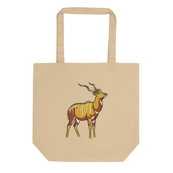 Tote bag nyala africain face avant – illustration line-art cornes spiralées, palette moutarde, terracotta et crème sur toile de coton 38×42 cm