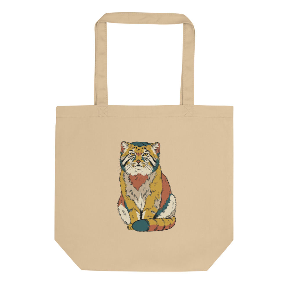 Tote bag chat de Pallas en toile de coton, portrait line-art aux hachures minimalistes, palette moutarde terracotta et bleu pétrole, fond blanc
