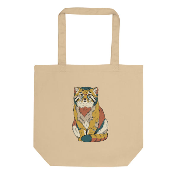 Tote bag chat de Pallas en toile de coton, portrait line-art aux hachures minimalistes, palette moutarde terracotta et bleu pétrole, fond blanc