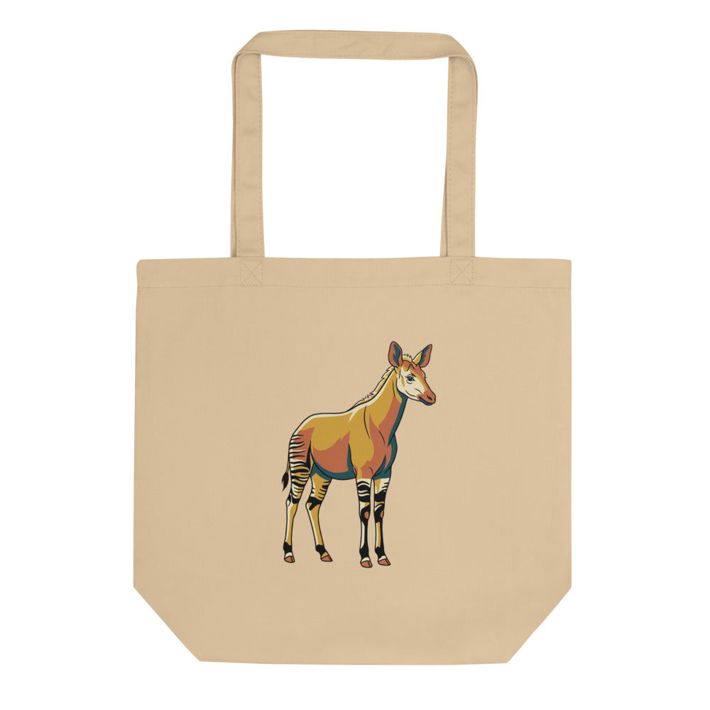Tote bag okapi en toile de coton, illustration line-art encre noire tons moutarde et terracotta, vue de face