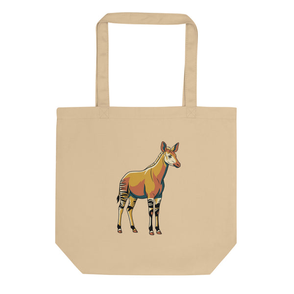 Tote bag okapi en toile de coton, illustration line-art encre noire tons moutarde et terracotta, vue de face