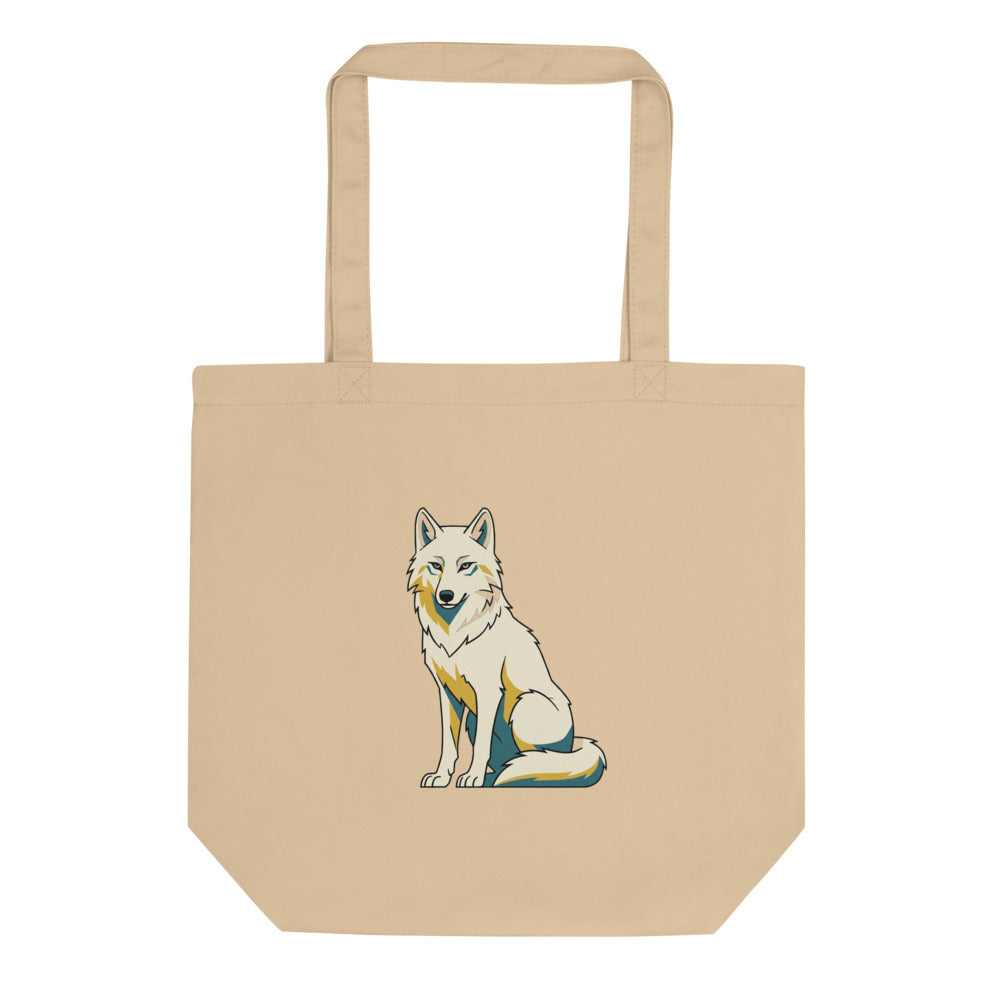 Tote bag loup arctique – illustration line-art, fourrure crème avec ombres moutarde et bleu pétrole, contours encre noire, fond blanc