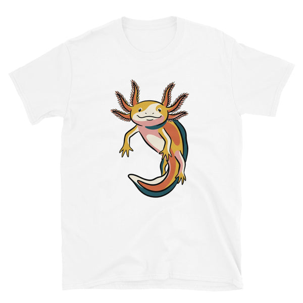 T-shirt axolotl homme femme – illustration line-art souriant en rose pâle, moutarde et terracotta sur fond blanc, vue de face