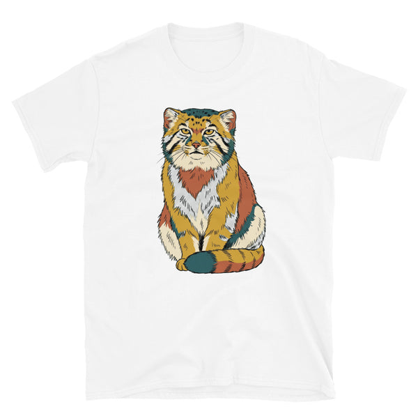 T-shirt chat de Pallas blanc, vue de face, portrait line-art manul aux tons moutarde et terracotta centré poitrine