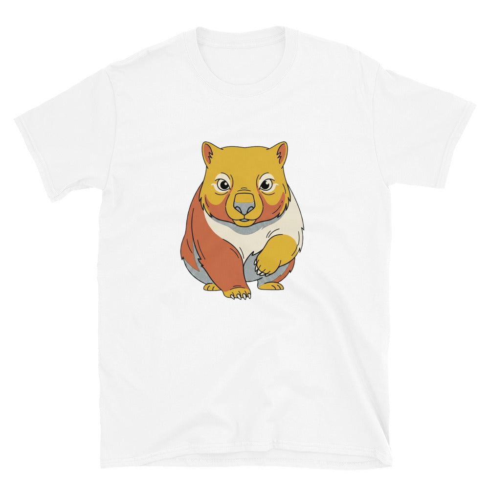 Packshot face du t-shirt wombat homme femme, motif line art moutarde et terre cuite centré 30×40 cm, fond blanc