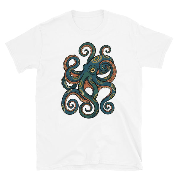 T-shirt hapalochlaena poulpe venimeux blanc, visuel line-art centré poitrine, tentacules enroulés et anneaux irisés moutarde sur fond studio