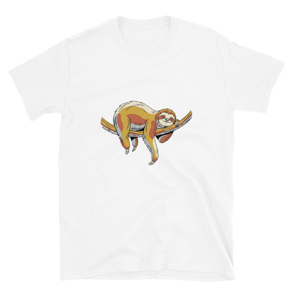 T-shirt paresseux homme femme – vue de face, illustration line art tons moutarde terracotta et vert forêt sur fond blanc