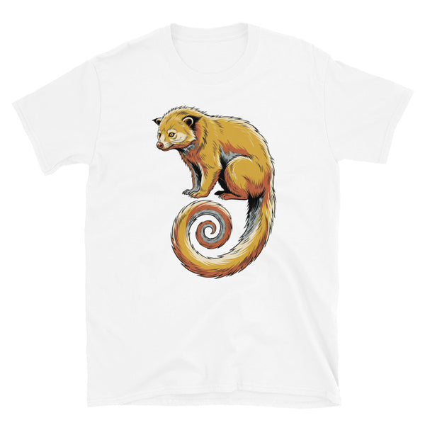 T-shirt binturong unisexe blanc, illustration line art profil moutarde terracotta vert forêt, vue de face sur fond neutre