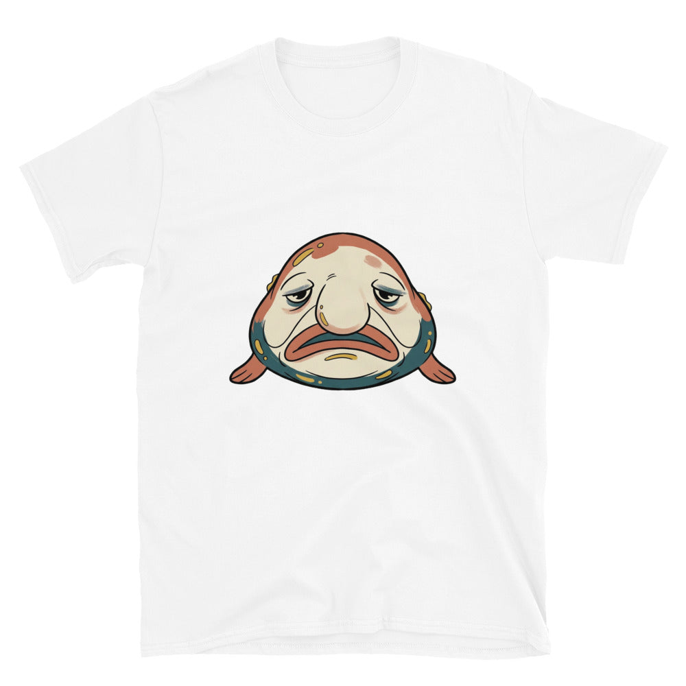 T-shirt blobfish homme femme – packshot face, illustration line-art ugly-cute terracotta et bleu pétrole sur fond blanc