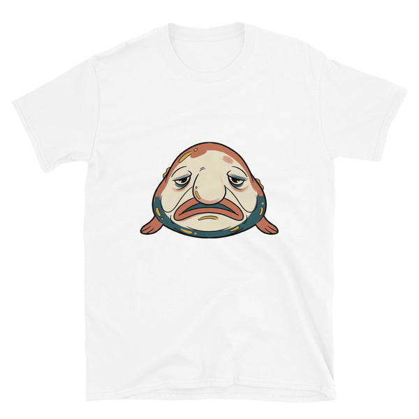 T-shirt blobfish homme femme – packshot face, illustration line-art ugly-cute terracotta et bleu pétrole sur fond blanc