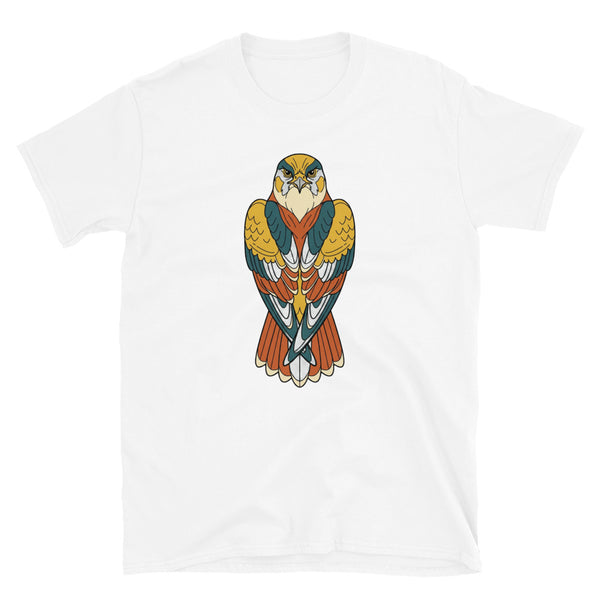 T-shirt faucon pèlerin unisexe, illustration line-art géométrique moutarde et terracotta, vue de face à plat
