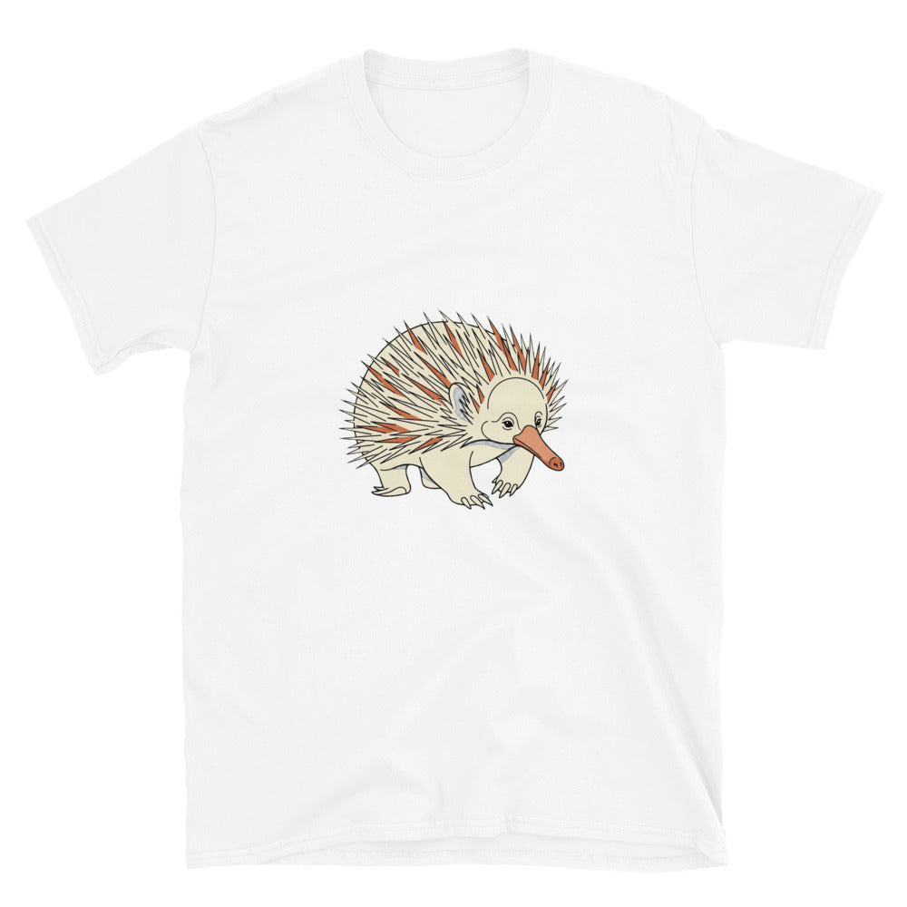 T-shirt échidné australien vue de face, illustration line art monochrome et accent terracotta, coton 100 % unisexe