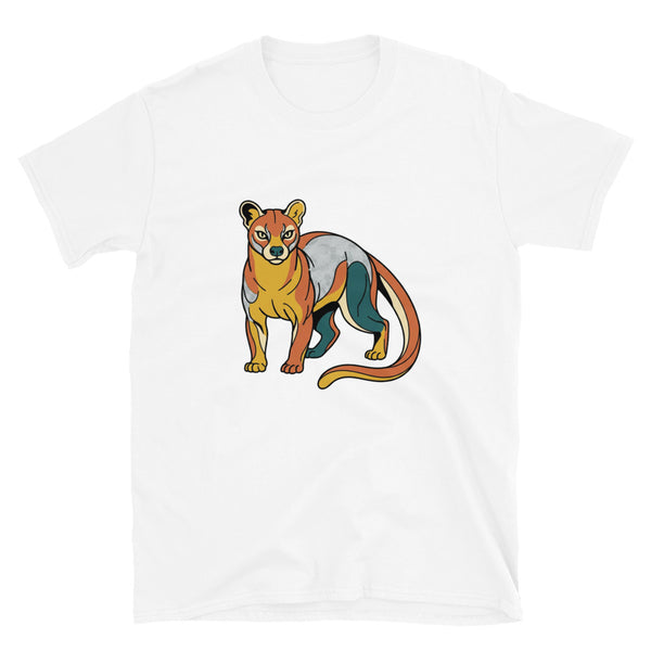 T-shirt fossa Madagascar – vue face, illustration line art mustard-terracotta sur coton blanc, placement 30×40 cm